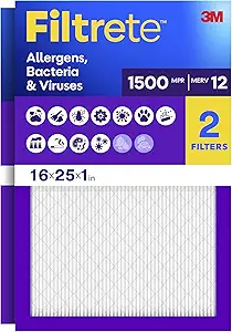Filtrete 16x25x1 Air Filter, MERV 12, MPR 1500, Allergens, Bacteria & Viruses, 3-Month AC and Furnace Filters, Cleaner Air, Reliable Airflow, 2 HVAC Filters (Actual Size 15.62 x 24.62 x 0.78 in)